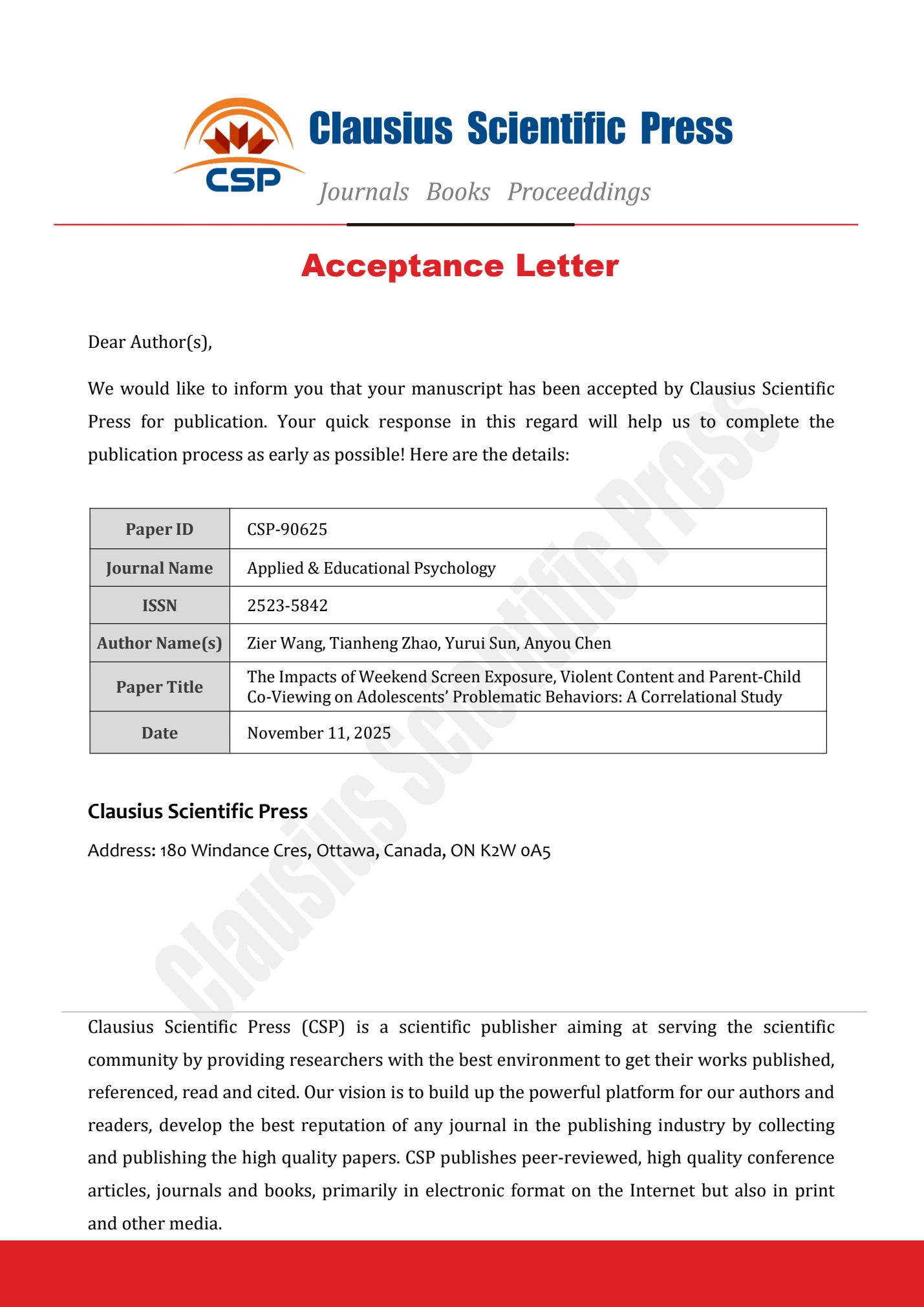 Original certificate / CSP acceptance letter