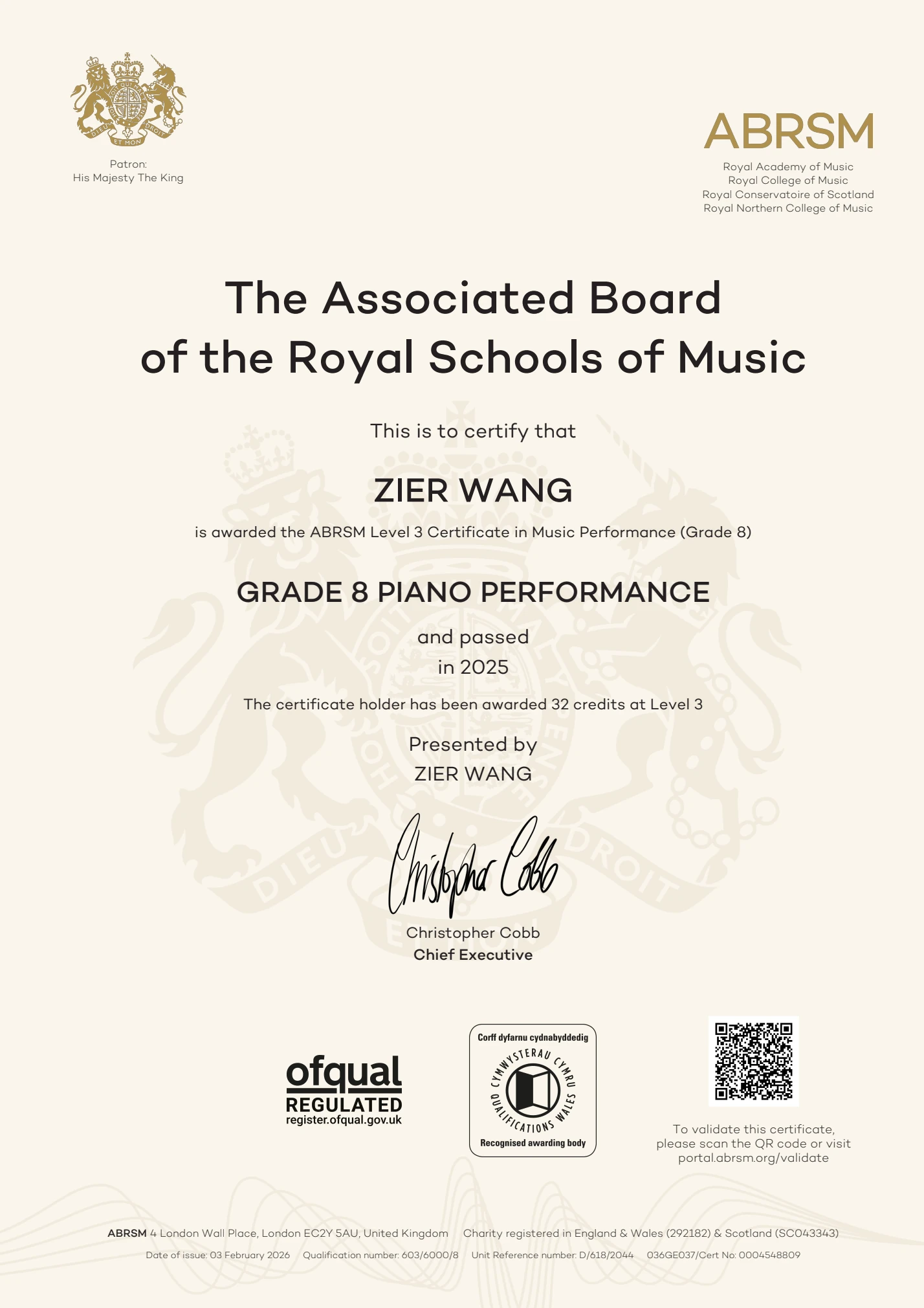 Original certificate / ABRSM Grade 8
Piano Performance